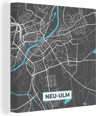 Canvas Schilderij Stadskaart – Plattegrond – Duitsland – Blauw – Neu Ulm – Kaart - 20x20 cm - Wanddecoratie