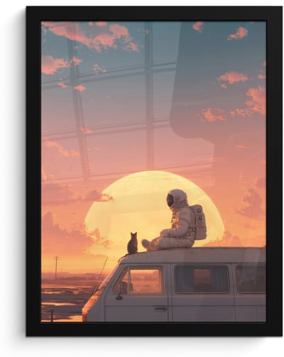 Poster in lijst - Fotolijst 30x40 cm - Posters - Busje - Kat - Zonsondergang - Oranje - Posterlijst zwart - Decoratie - Wanddecoratie woonkamer - Muurdecoratie slaapkamer