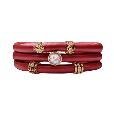 Quiges - Leren Wikkelarmband Rood 60cm met Aanschuif Bedels Roségoudkleurig - RVS Magneetsluiting - ELBS115
