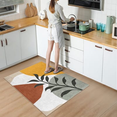 De Groen Home Vloerkleed 80x120 - FLORA COLLECTIE - Keukenloper - Deurmat - Blad patroon - Wasbaar Antislip - Laagpolig Loper tapijt
