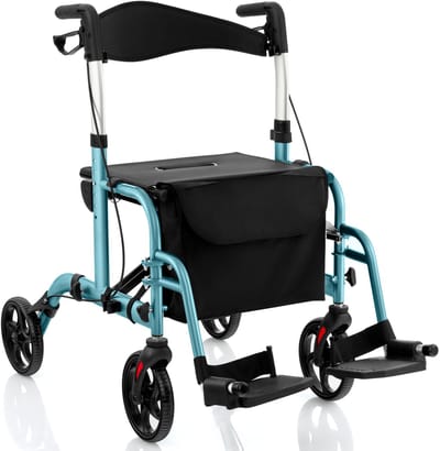 COSTWAY Rollator opvouwbaar en licht met zitting, 2-in-1 rolstoel & reisrollator, lichtgewicht, loophulp, 6-voudig in hoogte verstelbaar, loopwagen met tas, remmen en stokhouder, aluminium (blauw)