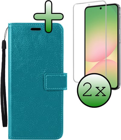 Hoesje Met 2x Screenprotector - Geschikt voor Samsung Galaxy A56 - Luxe Pasjeshouder - Bookcase Portemonee - Flip Case - Kunstleer Book Case - Flipcase Hoes - Book Cover - Walletcase - Portemonneehoes - Turquoise