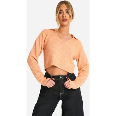 boohoo Dames Zacht gebreide, fijne garen cropped polo-kraag trui | Oranje | Maat: Medium