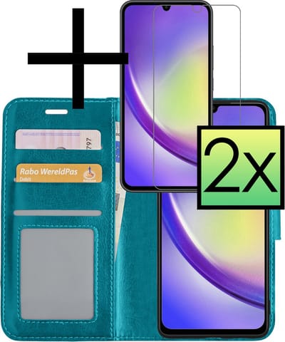 Hoesje - Met 2x Screenprotector - Geschikt voor Samsung Galaxy A34 - Luxe Pasjeshouder - Bookcase Portemonee - Flip Case - Kunstleer Book Case - Flipcase Hoes - Book Cover - Walletcase - Portemonneehoes - Turquoise