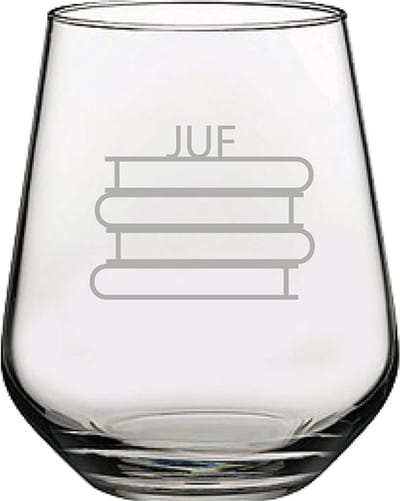 Gegraveerde Drinkglas 42,5cl Juf met boeken