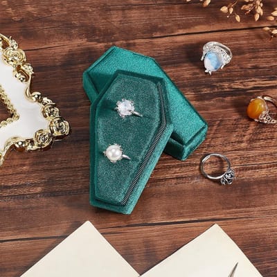 Fluwelen Groen Ringendoosje met 2 Gleuven | Gotische Sargring Opbergdoos | Huwelijksaanzoek Verlovings Sieraden Oorbellen ringendoosje bruiloft