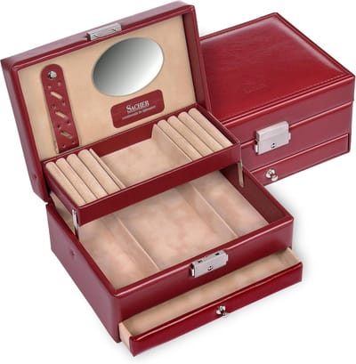 Juwelendoos - Sieraden opberger - Sieraden organiseren - Handgemaakt in Duitsland - 19 x 14 x 9.5 cm - Rood