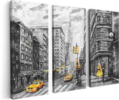 Artaza Canvas Schilderij Drieluik Geschilderde New York Tekening - Zwart Wit - 120x80 cm - Wanddecoratie Woonkamer - Schilderijen - Muurdecoratie