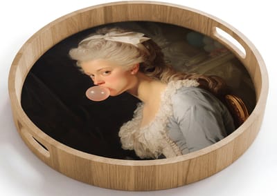 Dienblad rond 40x40 cm - Schootdienblad hout - Vrouw - Barokjurk - Kauwgom - Borrelplank rechthoek - Plateau houten dienbladen