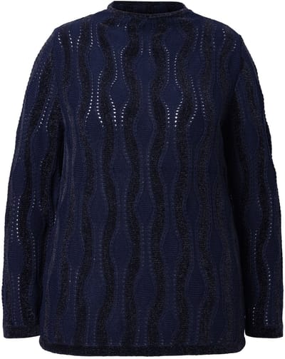 Ulla Popken - Dames - Pullover chenillemotief opstaande kraag lange mouw - Marine - Maat 42+