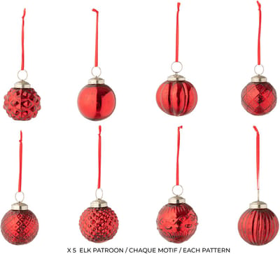 J-Line kerstbal 8 Patronen - glas - rood - doos van 40