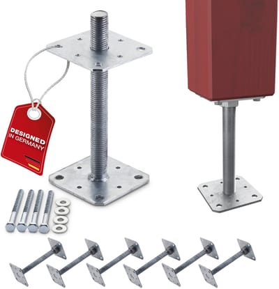 SOTECH set van 6 paaldragers 110 x 110 x 250 mm schroefdraad M24 staal thermisch verzinkt anker in hoogte verstelbaar grondvlak om vast te schroeven weerbestendig