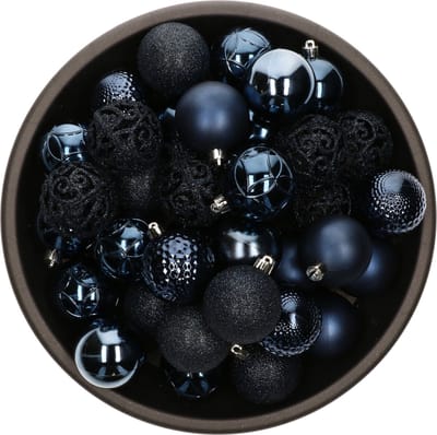37x stuks kunststof/plastic kerstballen donkerblauw 6 cm mix - Onbreekbaar - Kerstboomversiering/kerstversiering