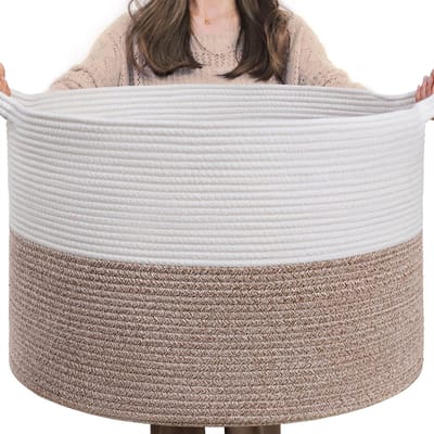 XXL grote wasmand, opbergmand kinderkamer, kerstboommand, manden dekens, 55x35 cm, wit en bruin
