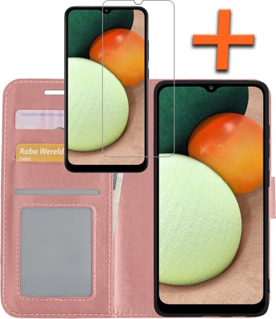Hoes - Met Screenprotector - Geschikt voor Samsung Galaxy A02s - Luxe Pasjeshouder - Bookcase Portemonee - Flip Case - Kunstleer Book Case - Flipcase - Book Cover - Walletcase - PortemonneeHoes - Rosé goud
