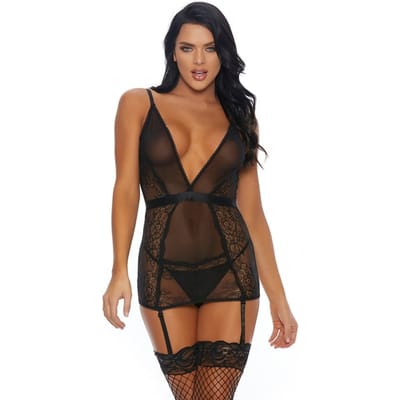 Forplay - Een doorschijnend Lingerie setje met jarretels en panty - zwart