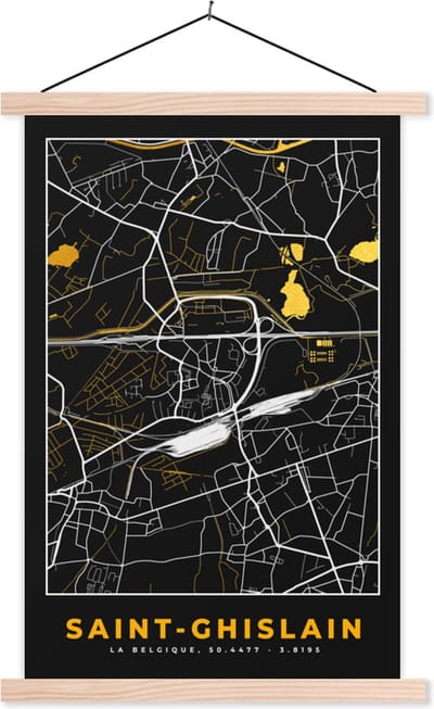 Posterhanger incl. Poster 40x60 cm - Schoolplaat - Kaart - Goud - Stadskaart - België - Plattegrond - Textielposter - Blanke latten - Stadskaart