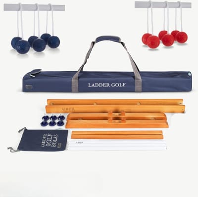 Prof. Laddergolf Spinladder set van Ubergames. SOFT ballen: Blauw/Rood