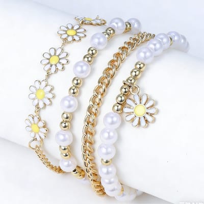 4 Pièces/ensemble Bracelets Perles Simulation Perle Créatif Bohème Plage Petit Bracelet Marguerite pour Femmes 4pcs white