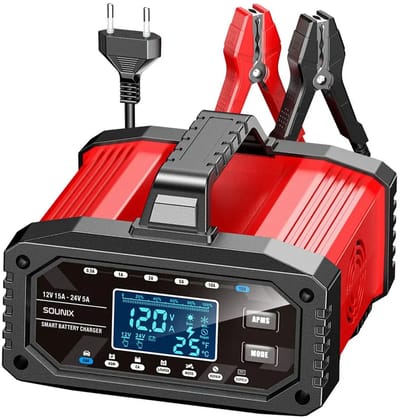 Sounix Acculader - 12/24V - 5/15A - 180W - Accu Lader voor Auto / Motor / Scooter / Boot / Camper - Zwart/Rood