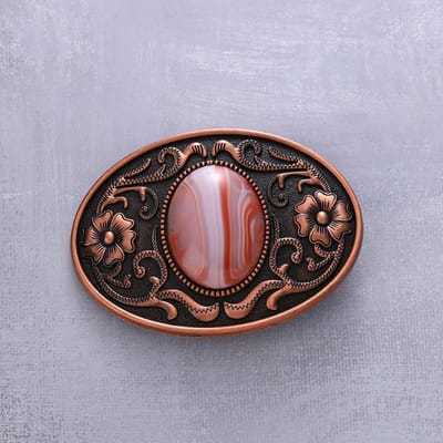 Westerse Retro Gesneden Oud Blik Oud Rood Koper Ingelegd Edelsteen Vorm Gedrukt Riemgesp Hoofd Accessoires