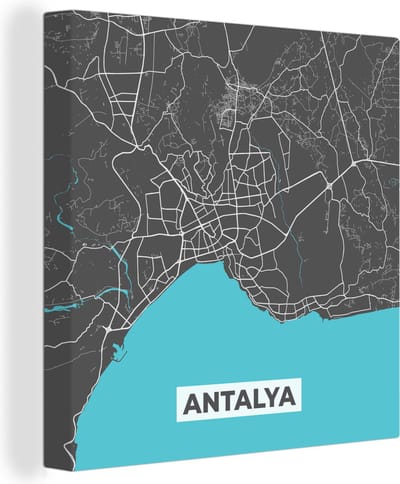 Canvas Schilderij Antalya - Stadskaart - Plattegrond - Blauw - Kaart - 20x20 cm - Wanddecoratie