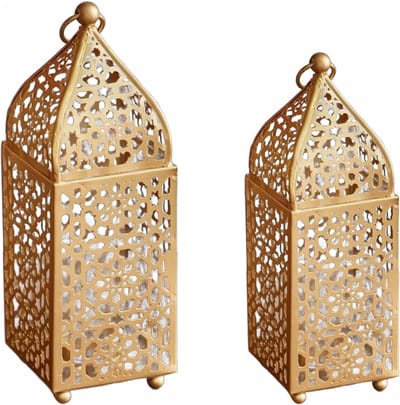 Oosterse Metalen Kandelaar Set van 2, Goudkleurige Windlichten voor Woonkamer en Tuin