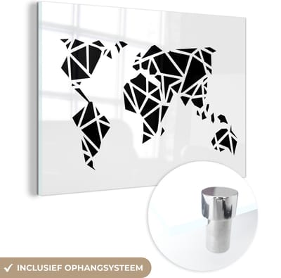 MuchoWow® Glasschilderij 90x60 cm - Schilderij acrylglas - Wereldkaart - Zwart - Wit - Abstract - Kind - Jongens - Meisjes - Foto op glas - Schilderijen