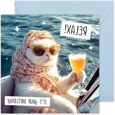 Verjaardagskaart voor haar, ontspanning, kat op een boot, wenskaart voor moeder, vrienden, zus, oma, vrouw, vriendin, Bestie, BFF, collega's, collega's, dames, meisjes, fantastisch, met stickers