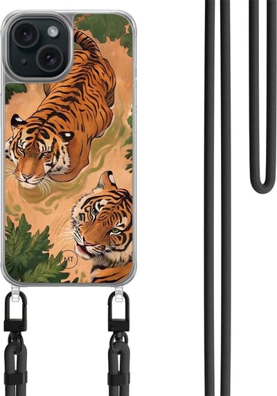 Hoesje met koord geschikt voor iPhone 13 - Wild tigers - Inclusief zwart koord - Crossbody beschermhoes - Transparant, Oranje - Mooie Telefoonhoesjes