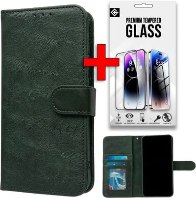 Casemania Hoesje & Glas Geschikt voor Apple iPhone 16e - Groen - Luxe Portemonnee Book Case - Glazen Screenprotector