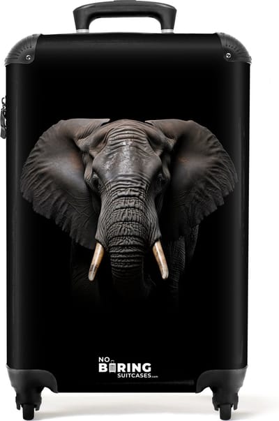 NoBoringSuitcases.com® - Handbagage koffer lichtgewicht - Reiskoffer trolley - Olifant vooraanzicht op zwarte achtergrond - Rolkoffer met wieltjes - Past binnen 55x40x20 en 55x35x25
