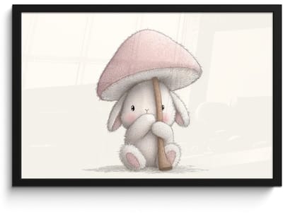 Poster in lijst - Fotolijst 60x40 cm - Posters - Paddenstoel - Konijn - Roze - Posterlijst zwart - Decoratie - Wanddecoratie woonkamer - Muurdecoratie slaapkamer