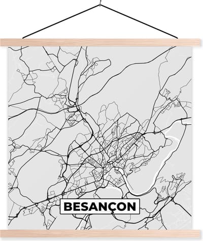 Posterhanger incl. Poster 40x40 cm - Schoolplaat - Frankrijk - Besançon - Stadskaart - Plattegrond - Kaart - Textielposter - Blanke latten - Stadskaart
