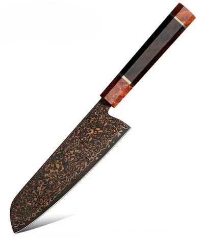 KAAMUT® Santokumes 18 cm 37 Lagen Zwart Damascusstaal met Koper – Vlijmscherp – Professioneel Koksmes – Massief Houten Handvat