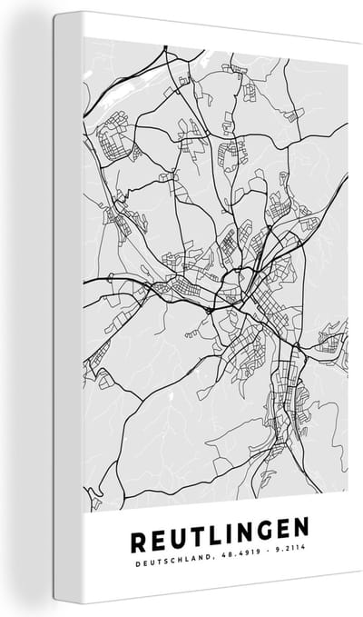 Canvas Schilderij Stadskaart - Duitsland - Plattegrond - Reutlingen - Kaart - 20x30 cm - Wanddecoratie