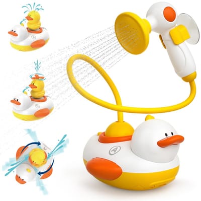 Namajunas - Duckie babybad douchekop - Badspeelgoed voor baby's vanaf 1 jaar - Badspeeltjes - Babydouchekop voor badkuip met drie spuitende eendjes - Cadeau voor peuters jongens en meisjes - Kinderspeelgoed