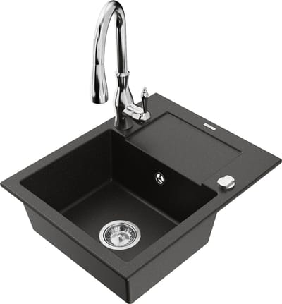 Mexen Enzo granieten spoelbak met 1 bak en afdruiprek en keukenmengkraan Savita, zwart/goud metallic - 6506-75-672601-00