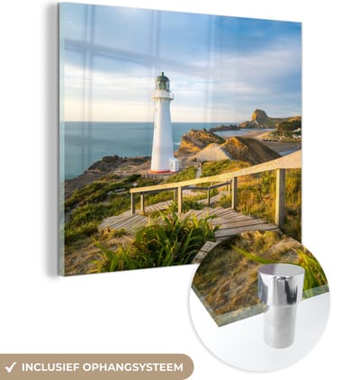 MuchoWow® Glasschilderij 90x90 cm - Schilderij acrylglas - Zee - Vuurtoren - Wit - Foto op glas - Muurdecoratie woonkamer - Wanddecoratie slaapkamer - Schilderijen