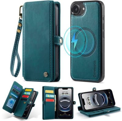 Casemania Hoesje Geschikt voor Apple iPhone 16e - Emerald Green - 2 in 1 Magnetische Bookcase met Uitneembare Back Cover - Geschikt voor MagSafe - Telefoonhoesje met 10 Pasjesvakken / Polsband - Wallet Case met Pasjeshouder