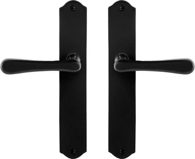Deurkruk op schild - Smeedijzer zwart - Gietijzer - GPF - GPF6240.60 smeedijzer zwarte Deurklink Paju op blind, 238x41x4mm