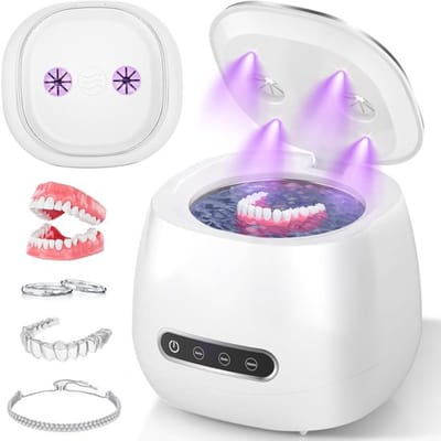 Ultrasoon reiniger - Ultrasoon gebitsreiniger - 48 kHz draagbare gebitsreinigingskamer - Kunstgebit & Prothese Schoonmaken - geschikt voor kunstgebitten, mondbeschermers, beugels, aligners, tandenborstels, sieraden - wit