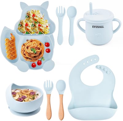 EYUSALL Kinderservies set Siliconen - 9-Delig - Antislip - Eekhoornmotief Bord - Met Lepel/Vork/Kom