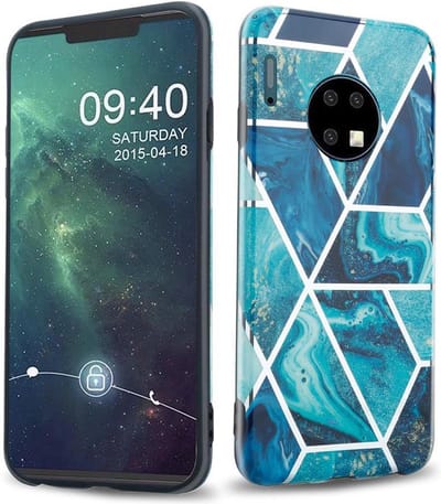 Cadorabo Hoesje geschikt voor Huawei MATE 30 in Blauwe Golf Marmer No. 13 - Beschermhoes gemaakt van TPU siliconen Case Cover met mozaïek motief