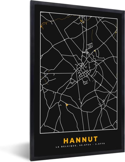 Fotolijst incl. Poster - Kaart - Hannut - Goud - Stadskaart - Plattegrond - 40x60 cm - Posterlijst