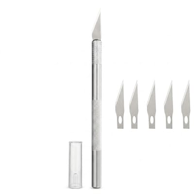 Zilverkleurig pen mes precisie snijmes pen met 5 extra mesjes aluminium handvat voor hobby en DIY snijgereedschap voor papier snijden graveren en knutselen