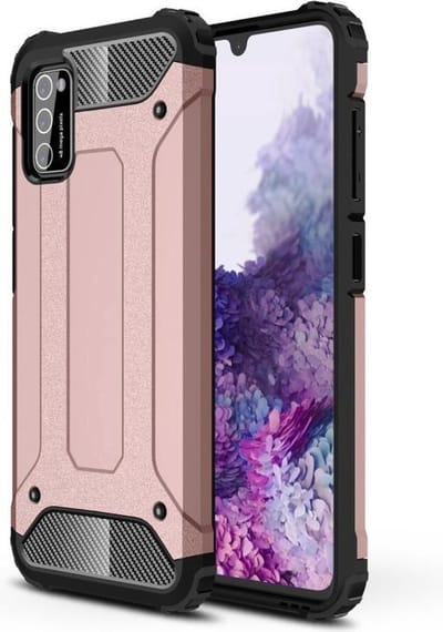 Schokbestendig Heavy Duty Hoesje Geschikt voor: Samsung Galaxy A41 Shock Proof Hybride - Back Cover - Dual Layer Armor Case - Extra Stevig - Rosegoud