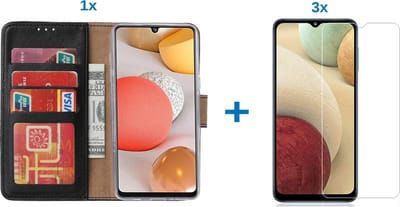 Hoesje Geschikt Voor Samsung Galaxy a12 hoesje bookcase Zwart - Hoesje Geschikt Voor Samsung Galaxy a12 hoesje - 3x Hoesje Geschikt Voor Samsung Galaxy a12 screenprotector screen protector