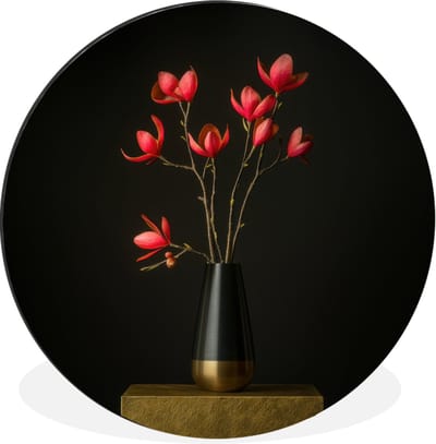 WallCircle - Wandcirkel - Muurcirkel - Rode - Bloemen - Vaas - Aluminium - Dibond - 30x30 cm - Binnen en Buiten