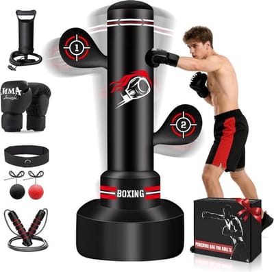 Vrijstaande Bokszak voor Volwassenen 70 Inch – Opblaasbare Bokszak met Bokshandschoenen, Pomp, Springtouw & Reflexbal – Complete MMA & Fitness Trainingsset voor Thuis
